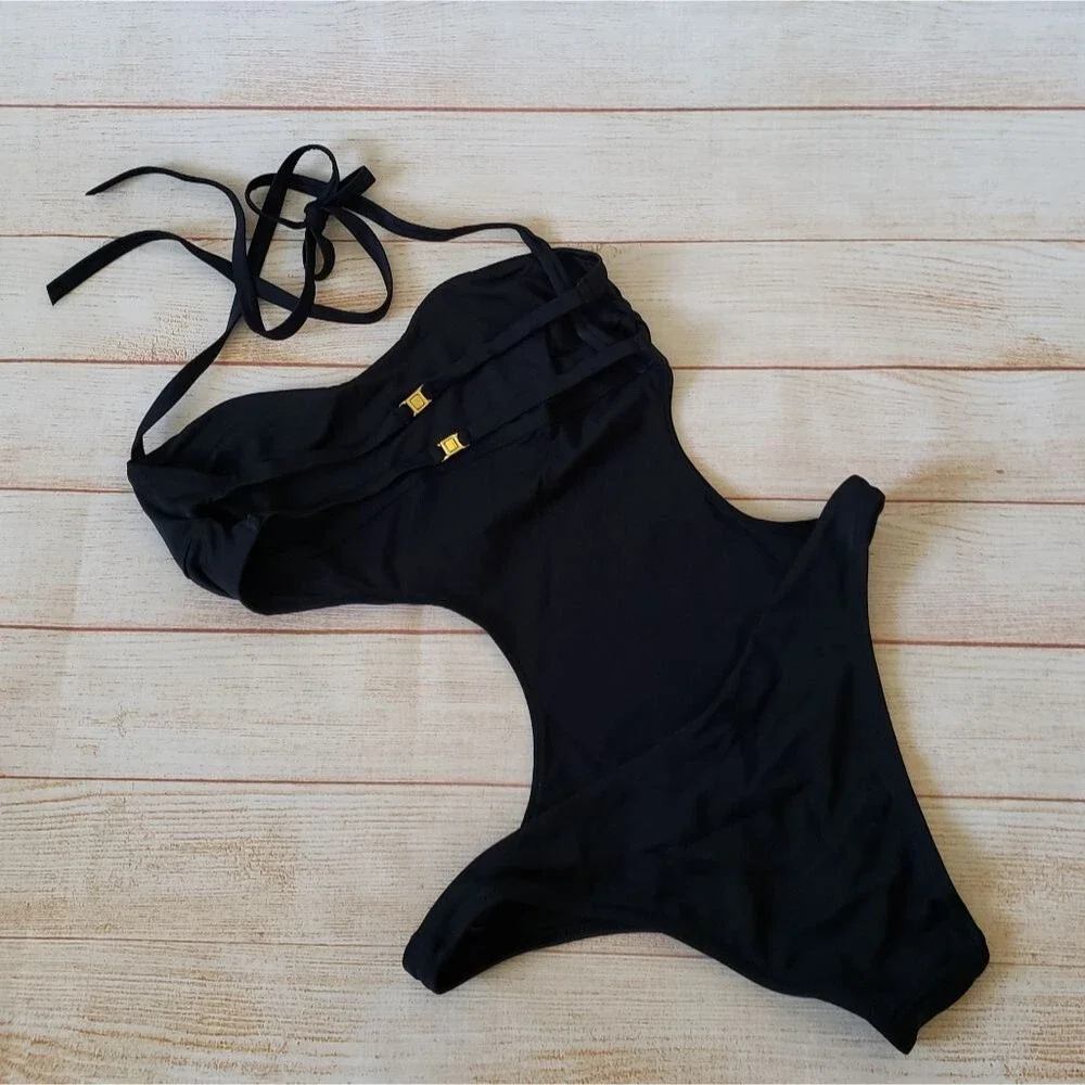 L'Agent by Agent Provocateur Agata Black Cutout Halter One-Piece Swimsuit Large